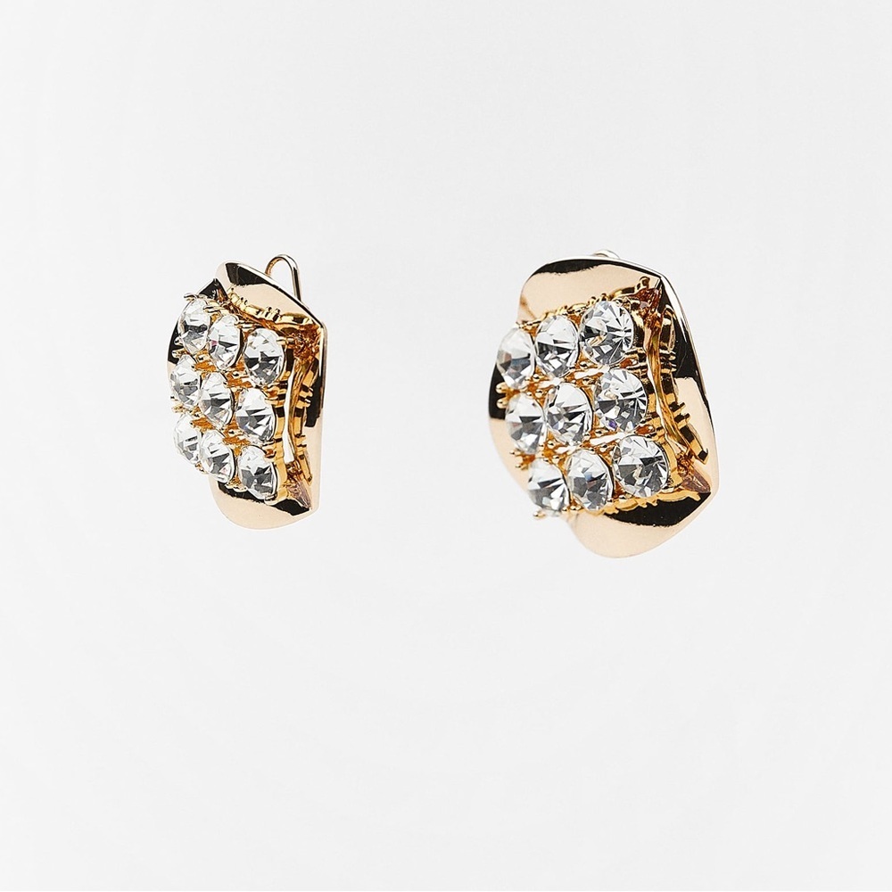 NWT. Zara Golden Circular Shape Metallic Earrings with Jewel Appliqués. - Picture 2 of 7